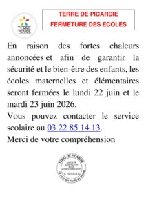 Lire la suite à propos de l’article Fermeture des écoles les 22 et 23 juin 2026