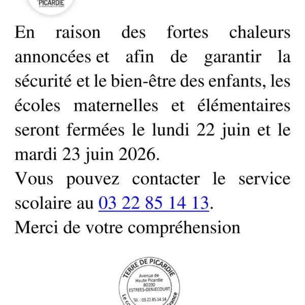 Fermeture des écoles les 22 et 23 juin 2026