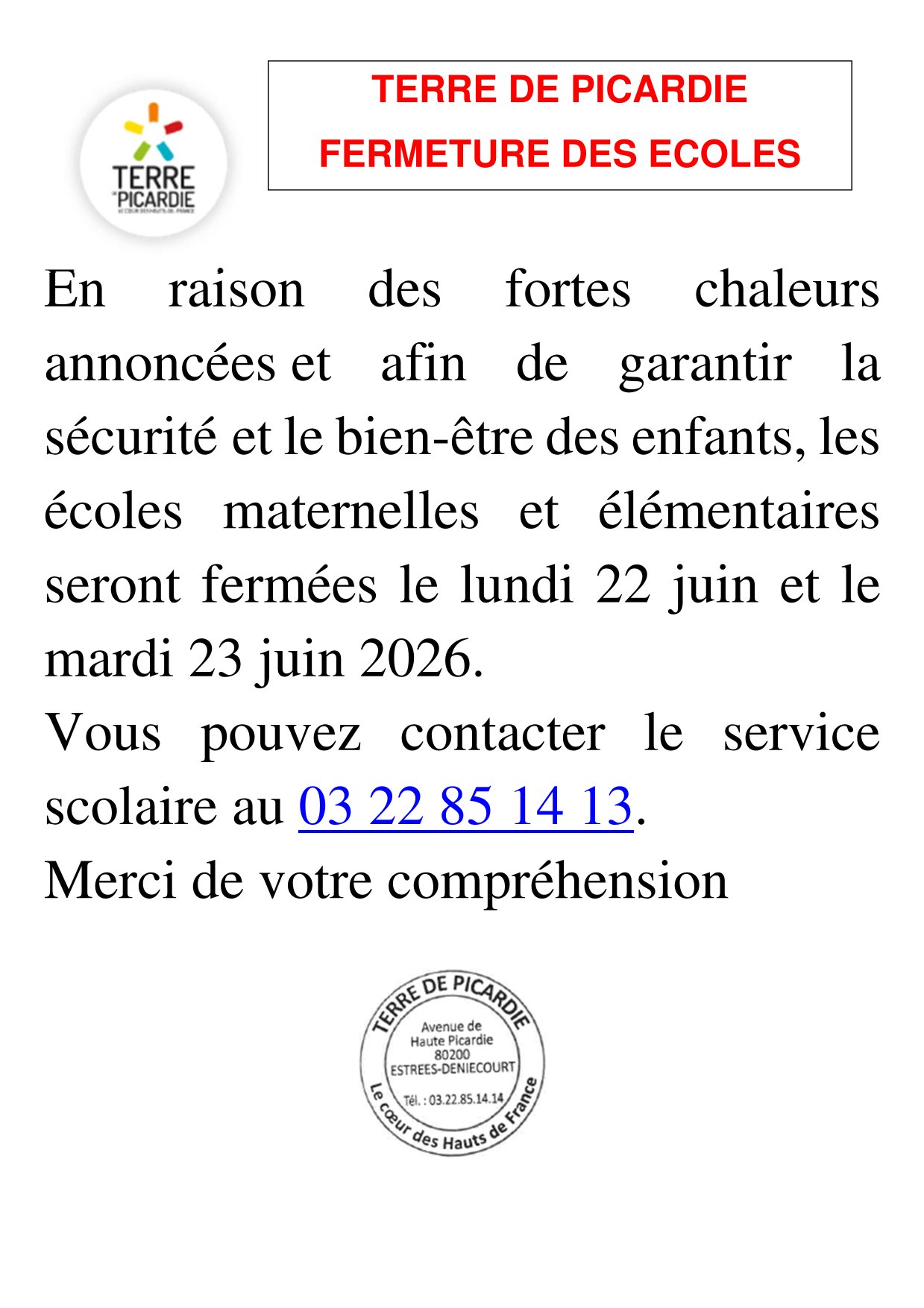 Fermeture des écoles les 22 et 23 juin 2026