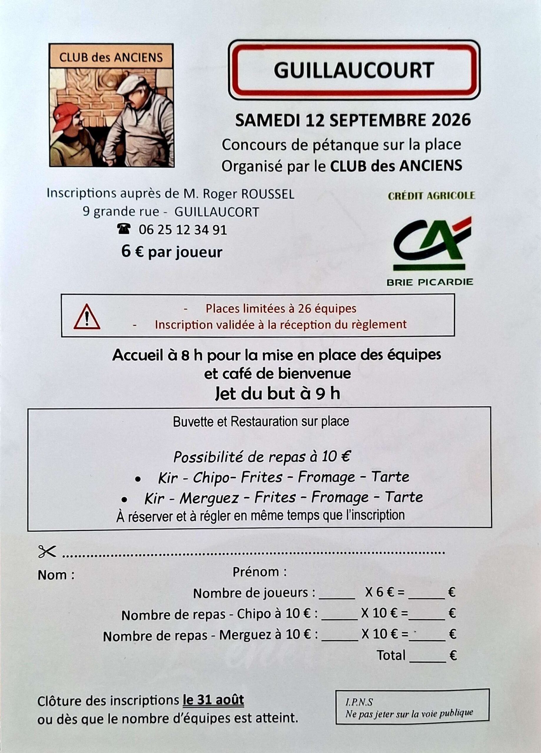 Concours de pétanque à Guillaucourt le 12/09/2026